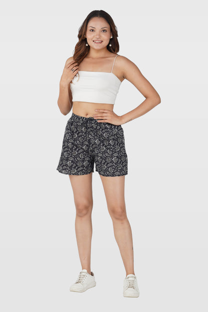 Black Cotton Printed Shorts