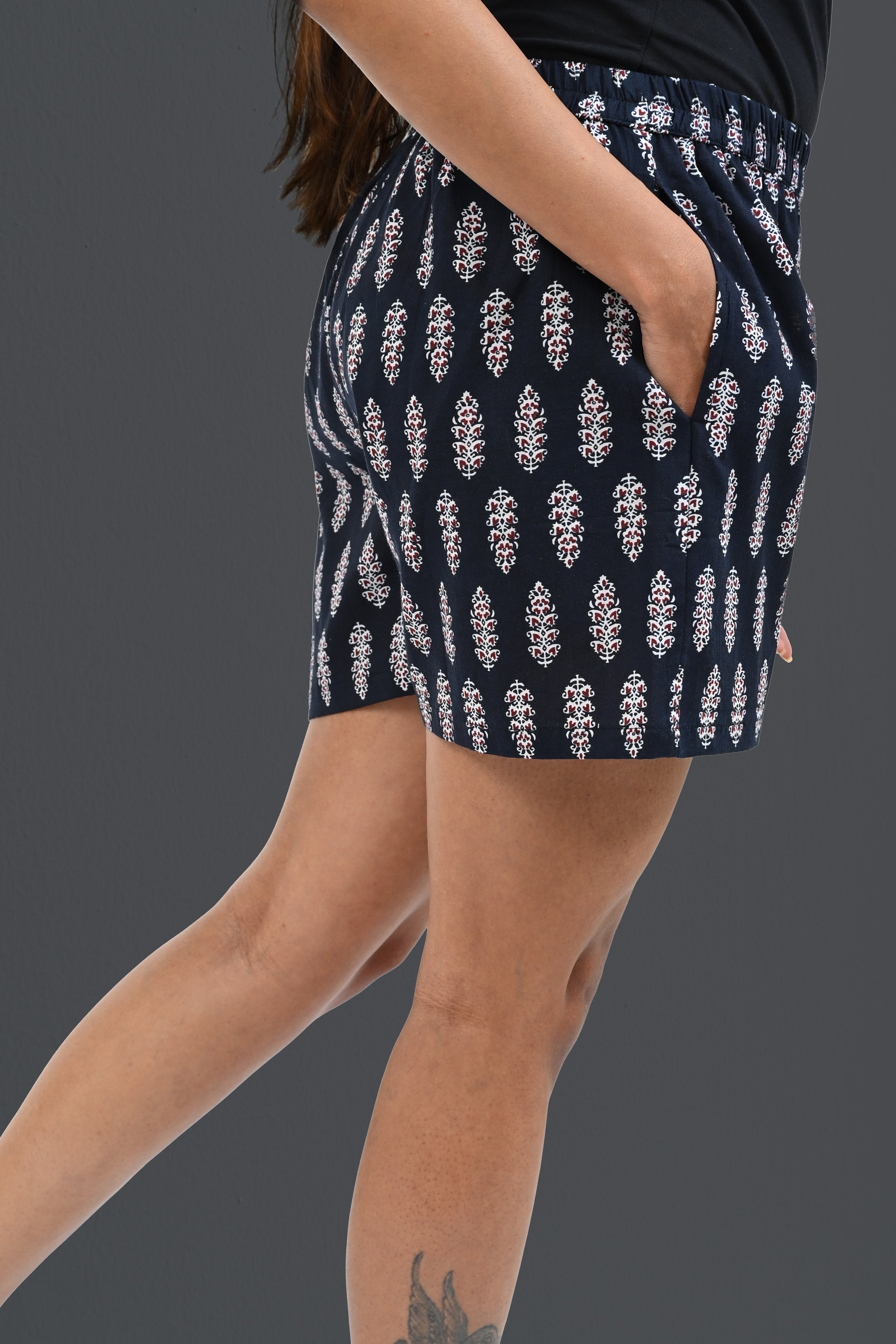 Black Cotton Printed Shorts