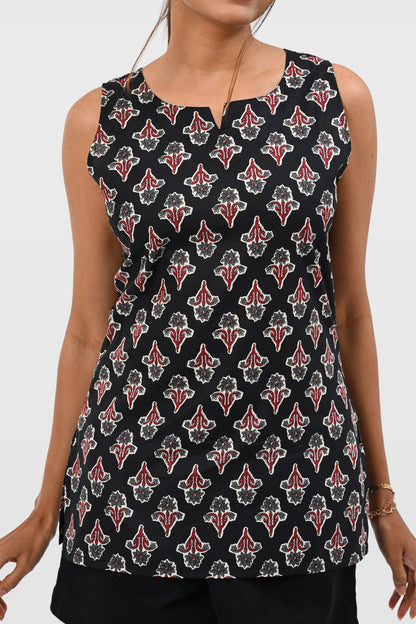 Black Cotton Printed Sleeveless Kurti