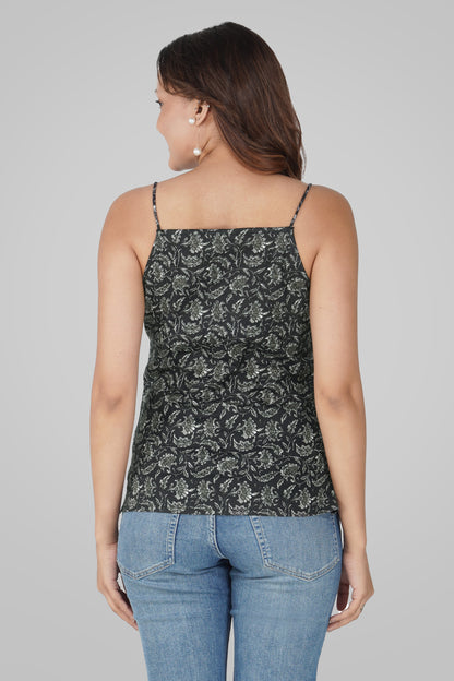 Black Cotton Printed Strap Top
