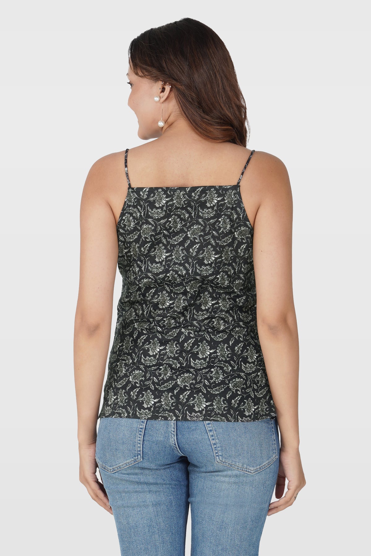 Black Cotton Printed Strap Top