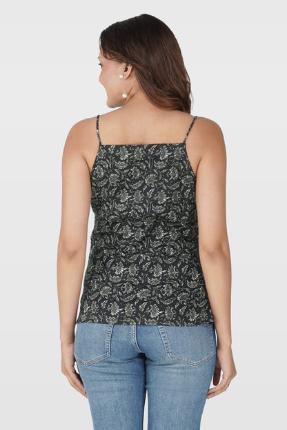 Black Cotton Printed Strap Top