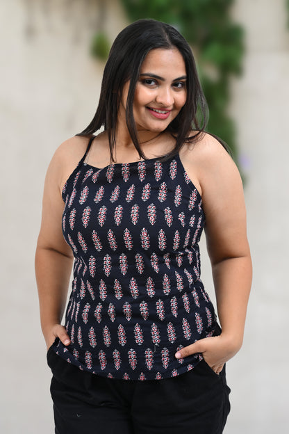 Black Cotton Printed Strap Top