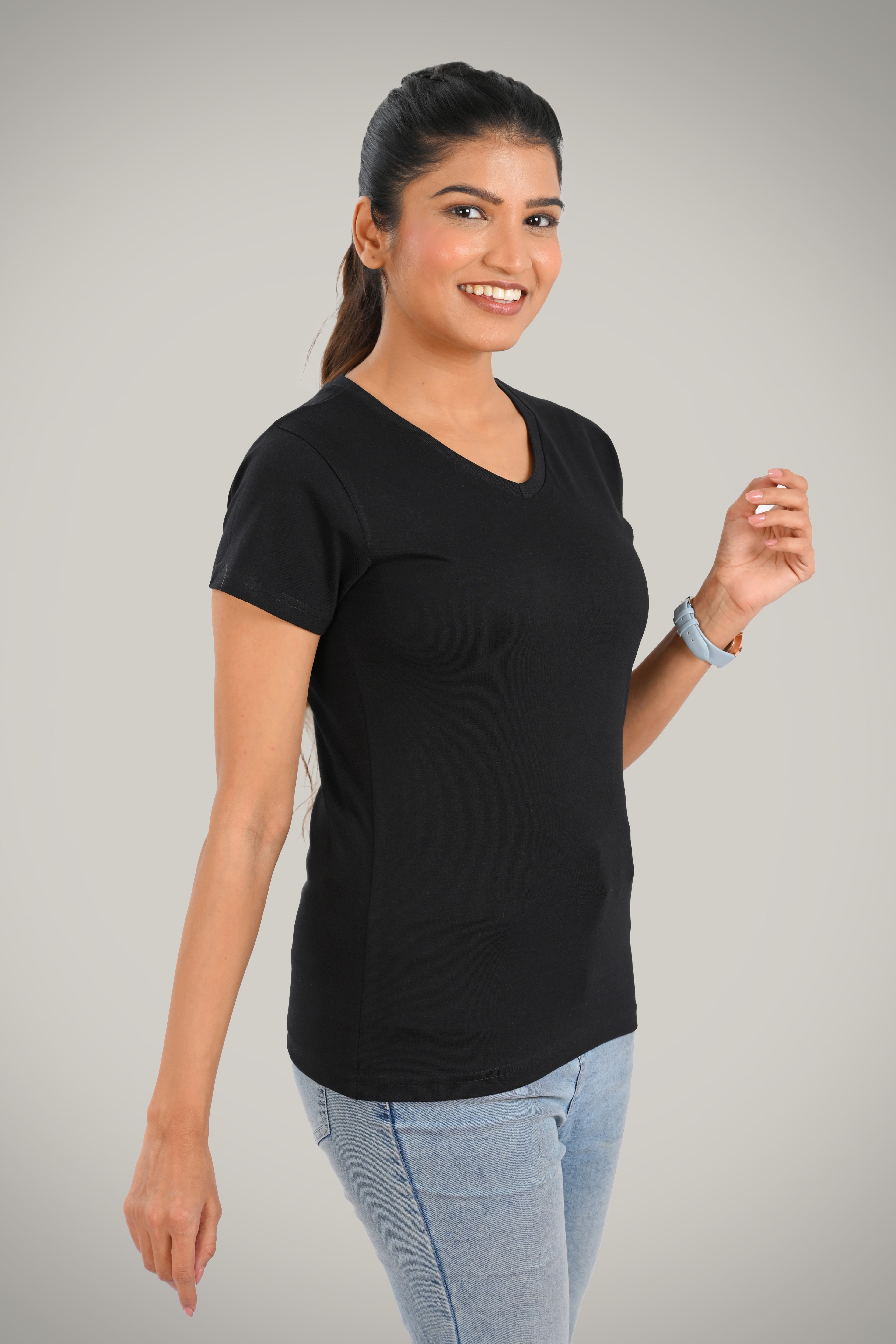 Black Cotton V Neck T-Shirt