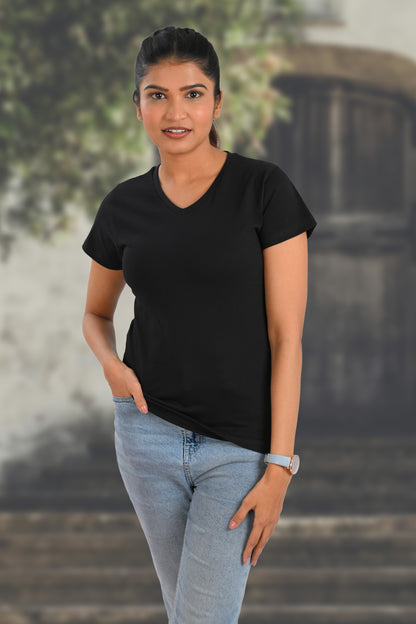 Black Cotton V Neck T-Shirt