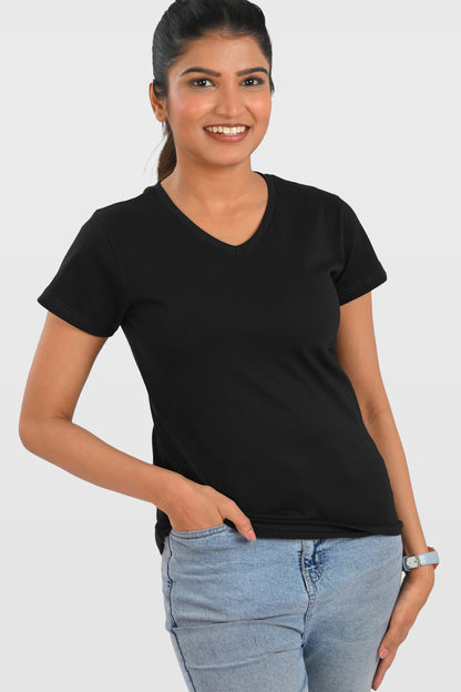 Black Cotton V Neck T-Shirt