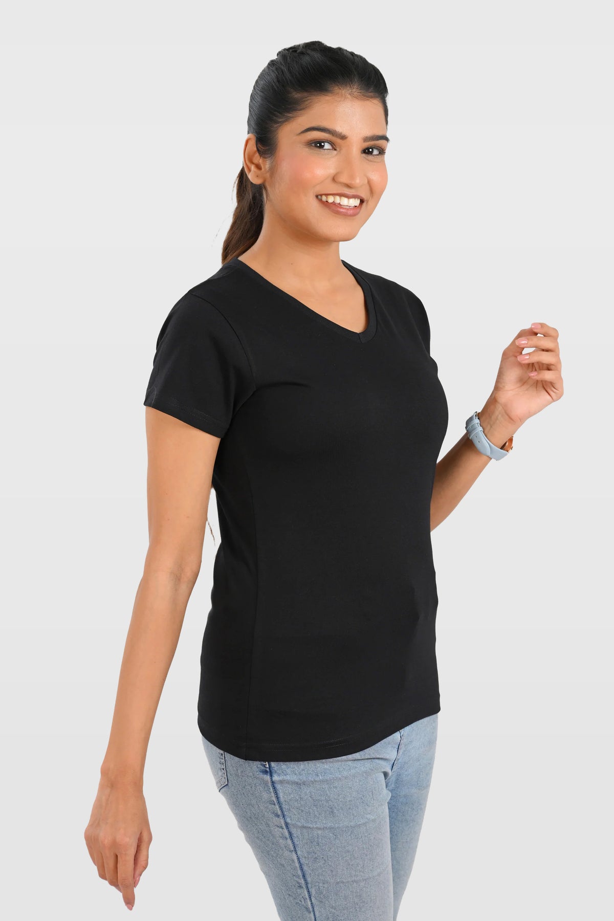 Black Cotton V Neck T-Shirt