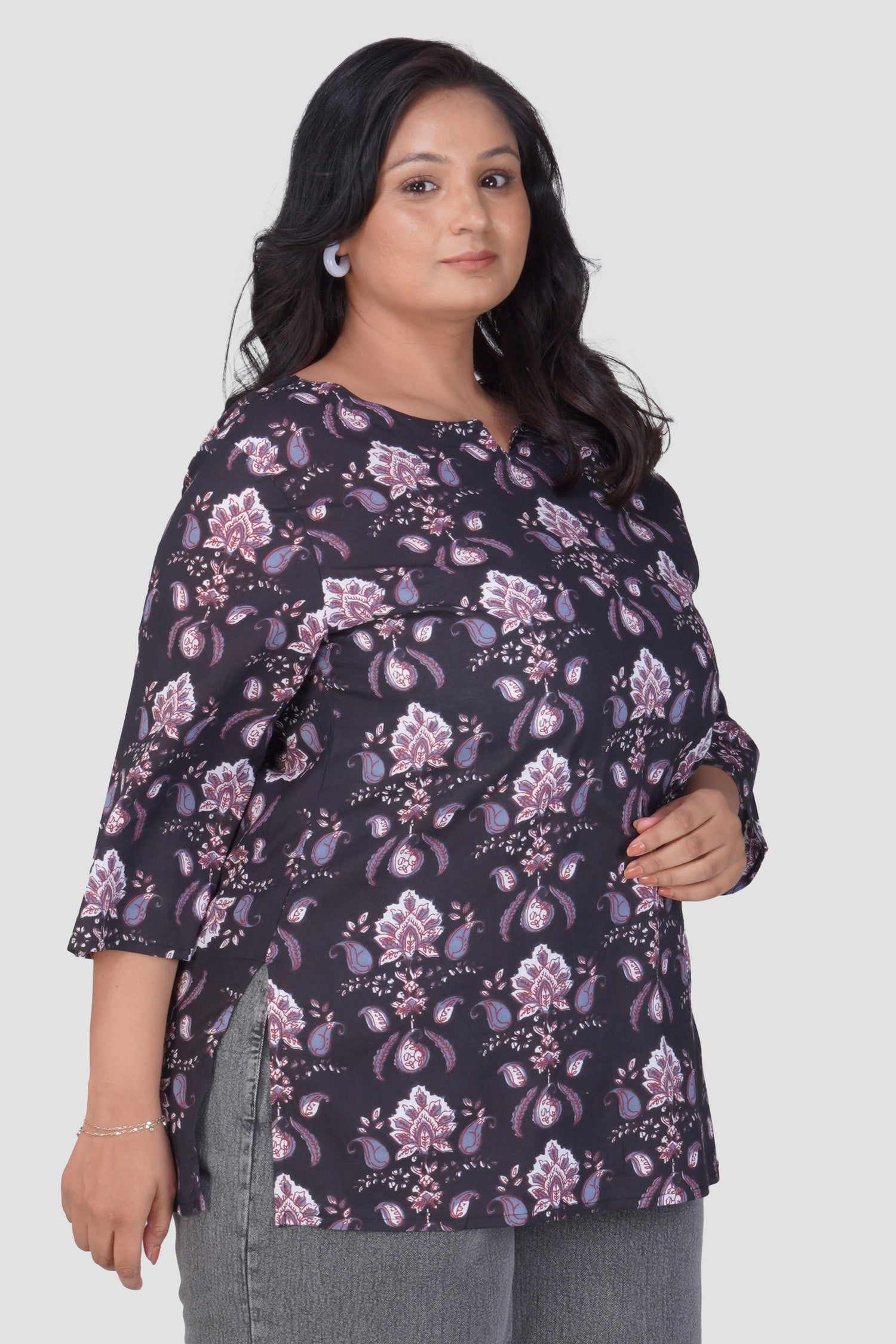 Black Plus Size Cotton Printed Kurti