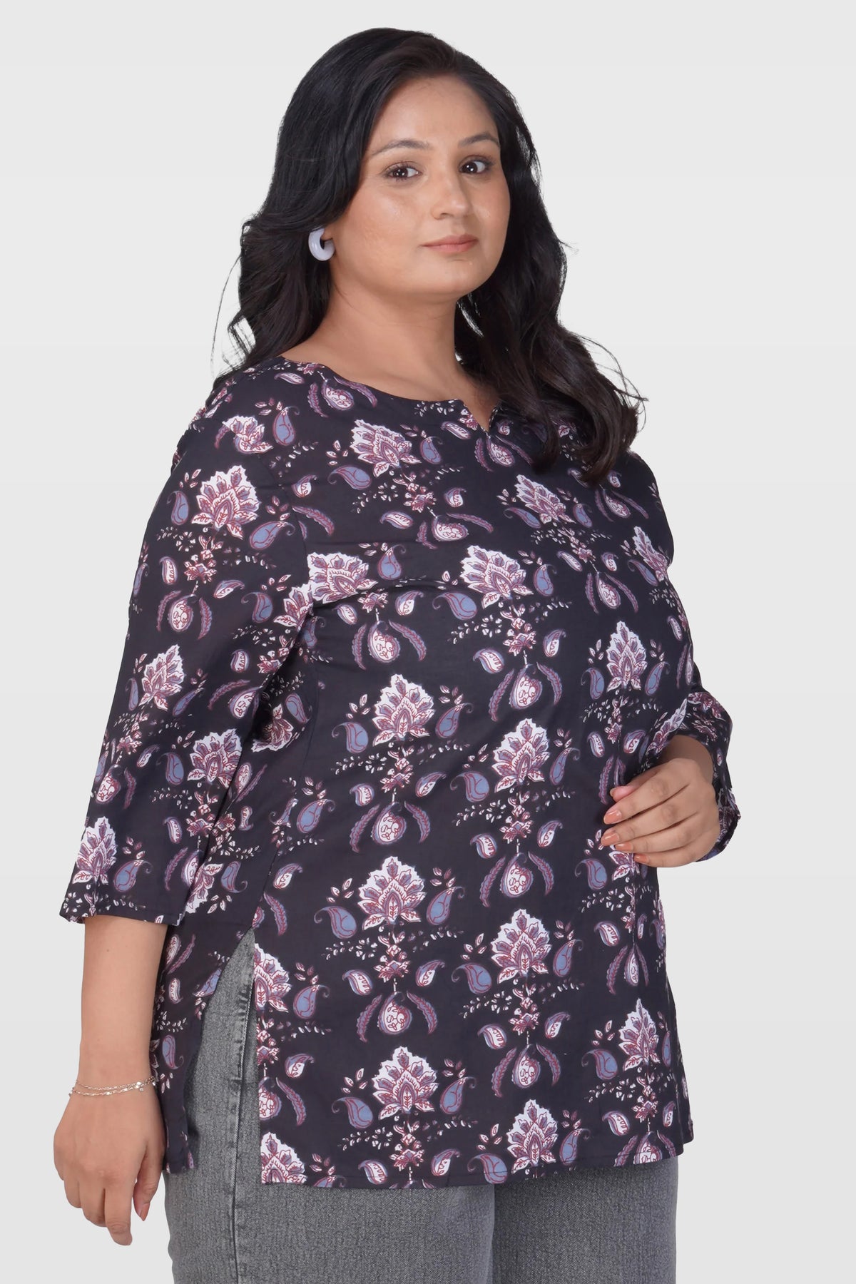 Black Plus Size Cotton Printed Kurti