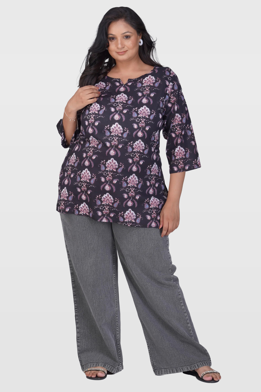Black Plus Size Cotton Printed Kurti