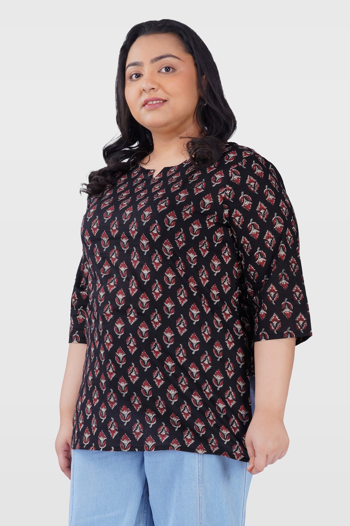 Black Plus Size Cotton Printed Kurti
