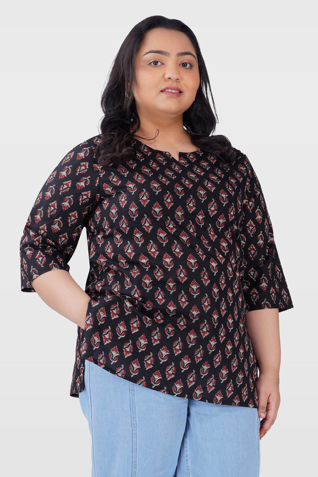 Black Plus Size Cotton Printed Kurti