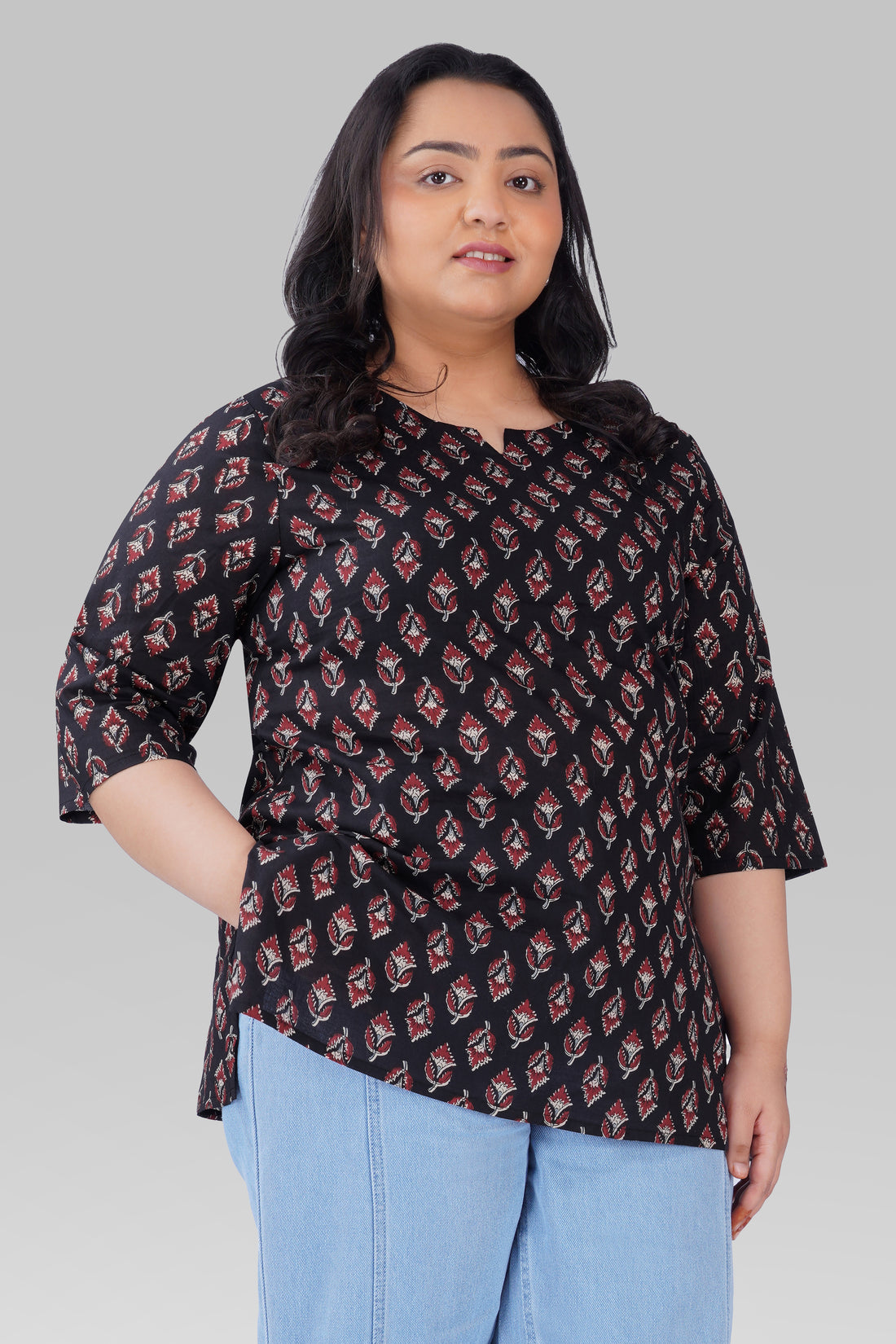Black Plus Size Cotton Printed Kurti