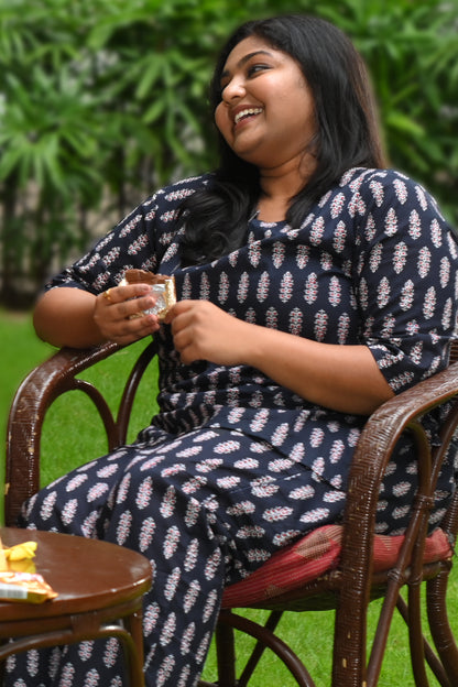 Black Plus Size Cotton Printed Pyjama Set