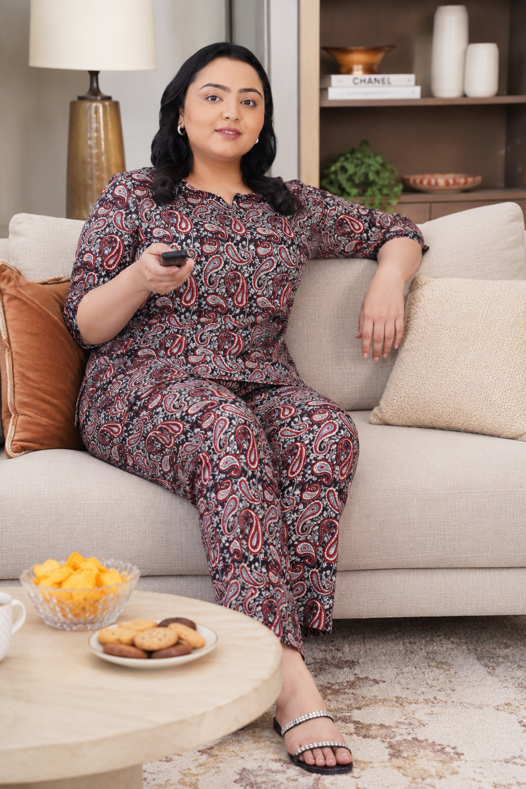 Black Plus Size Cotton Printed Pyjama Set