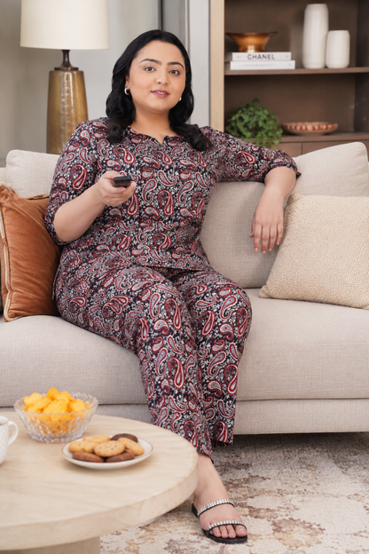 Black Plus Size Cotton Printed Pyjama Set