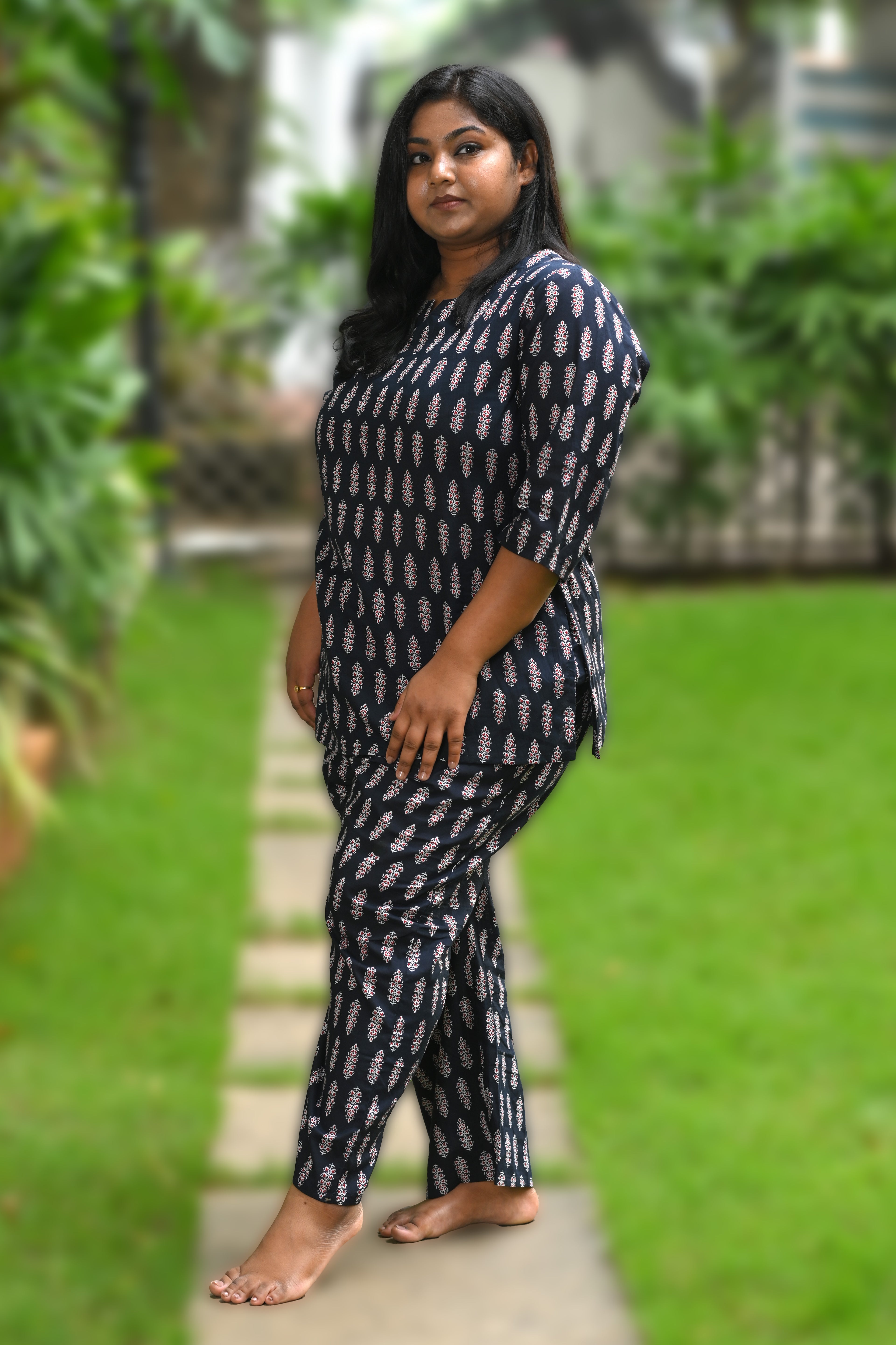 Black Plus Size Cotton Printed Pyjama Set