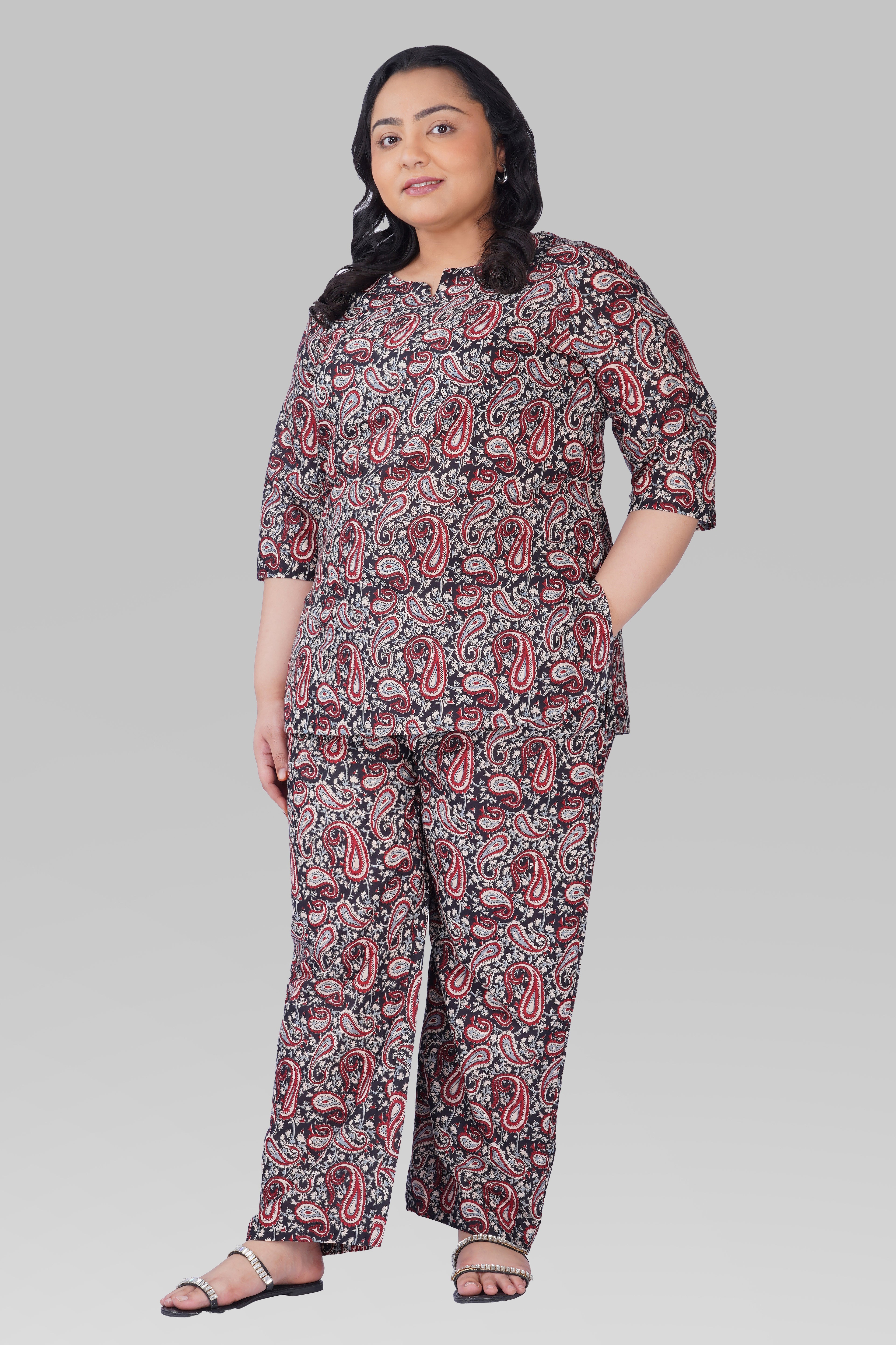 Black Plus Size Cotton Printed Pyjama Set