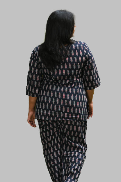 Black Plus Size Cotton Printed Pyjama Set