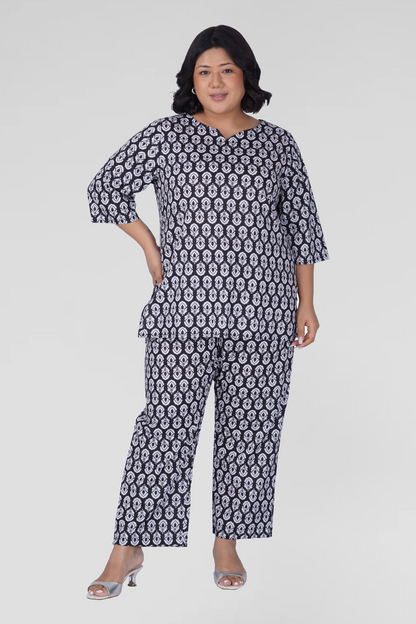 Black Plus Size Cotton Printed Pyjama Set