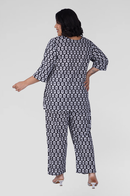 Black Plus Size Cotton Printed Pyjama Set