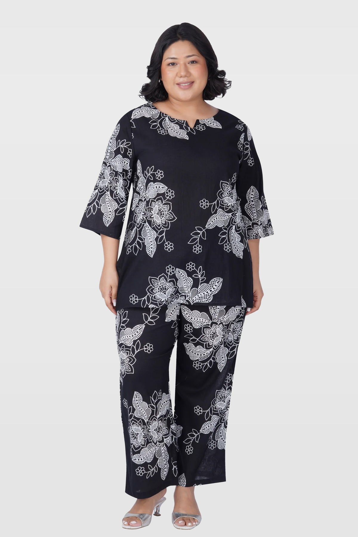 Black Plus Size Cotton Printed Pyjama Set