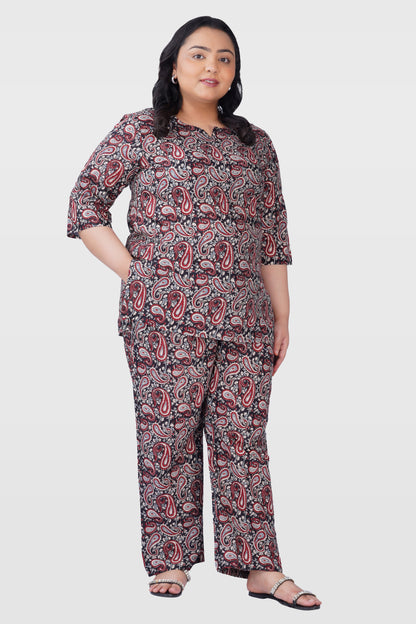 Black Plus Size Cotton Printed Pyjama Set