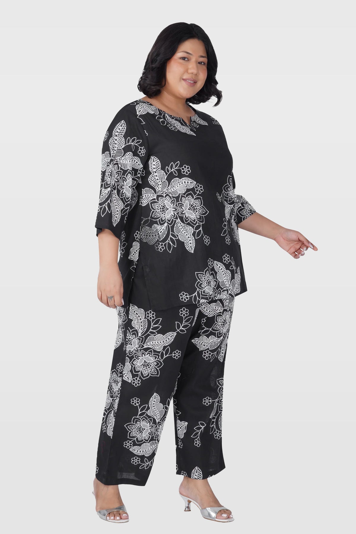 Black Plus Size Cotton Printed Pyjama Set