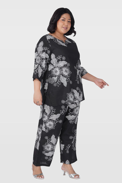 Black Plus Size Cotton Printed Pyjama Set