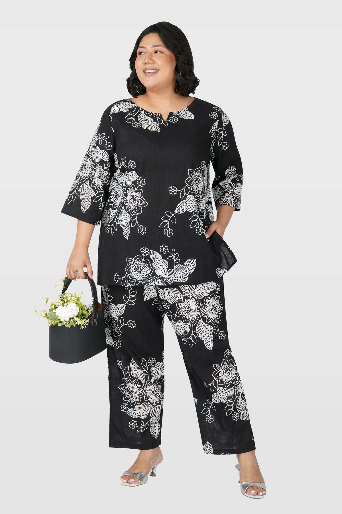 Black Plus Size Cotton Printed Pyjama Set