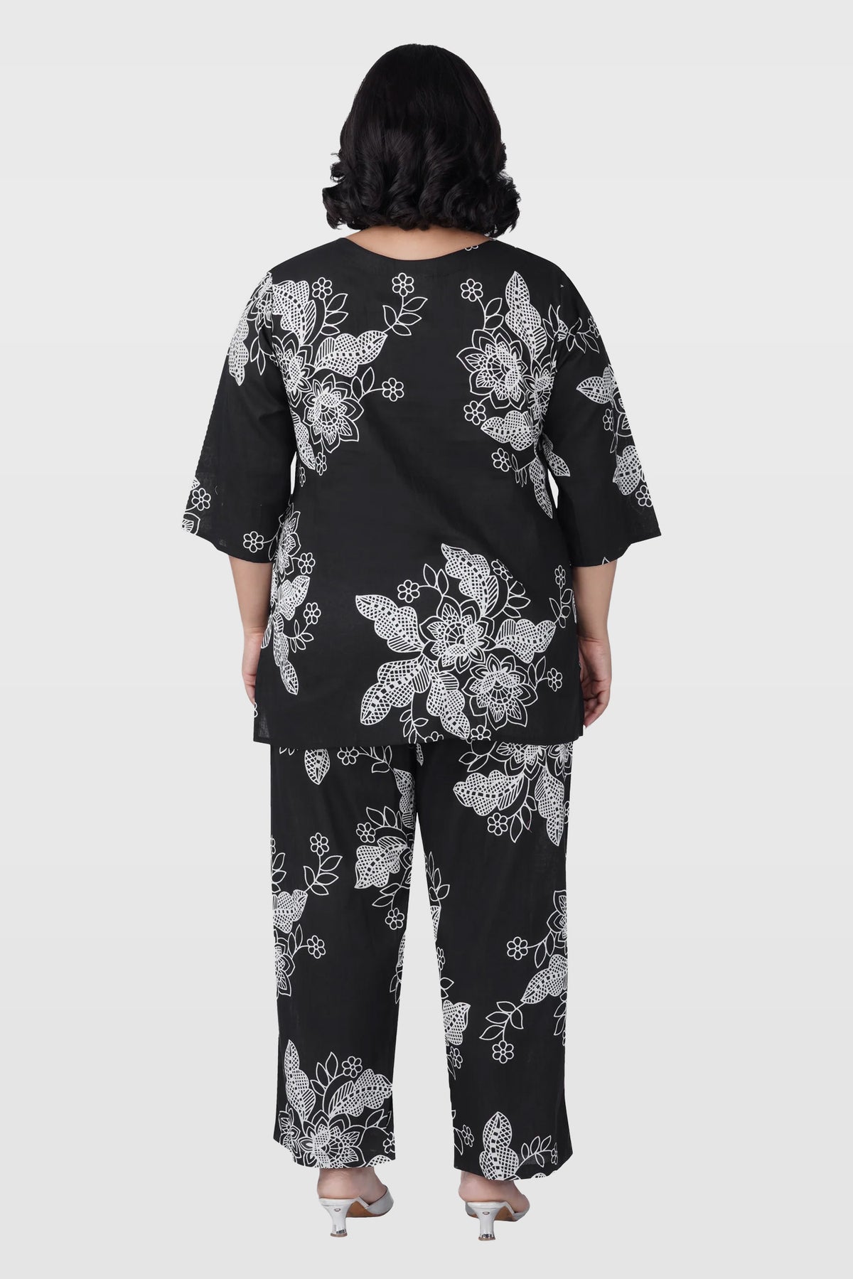 Black Plus Size Cotton Printed Pyjama Set