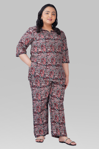 Black Plus Size Cotton Printed Pyjama Set