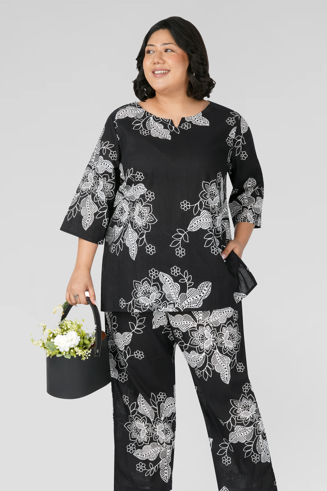 Black Plus Size Cotton Printed Pyjama Set