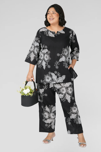 Black Plus Size Cotton Printed Pyjama Set
