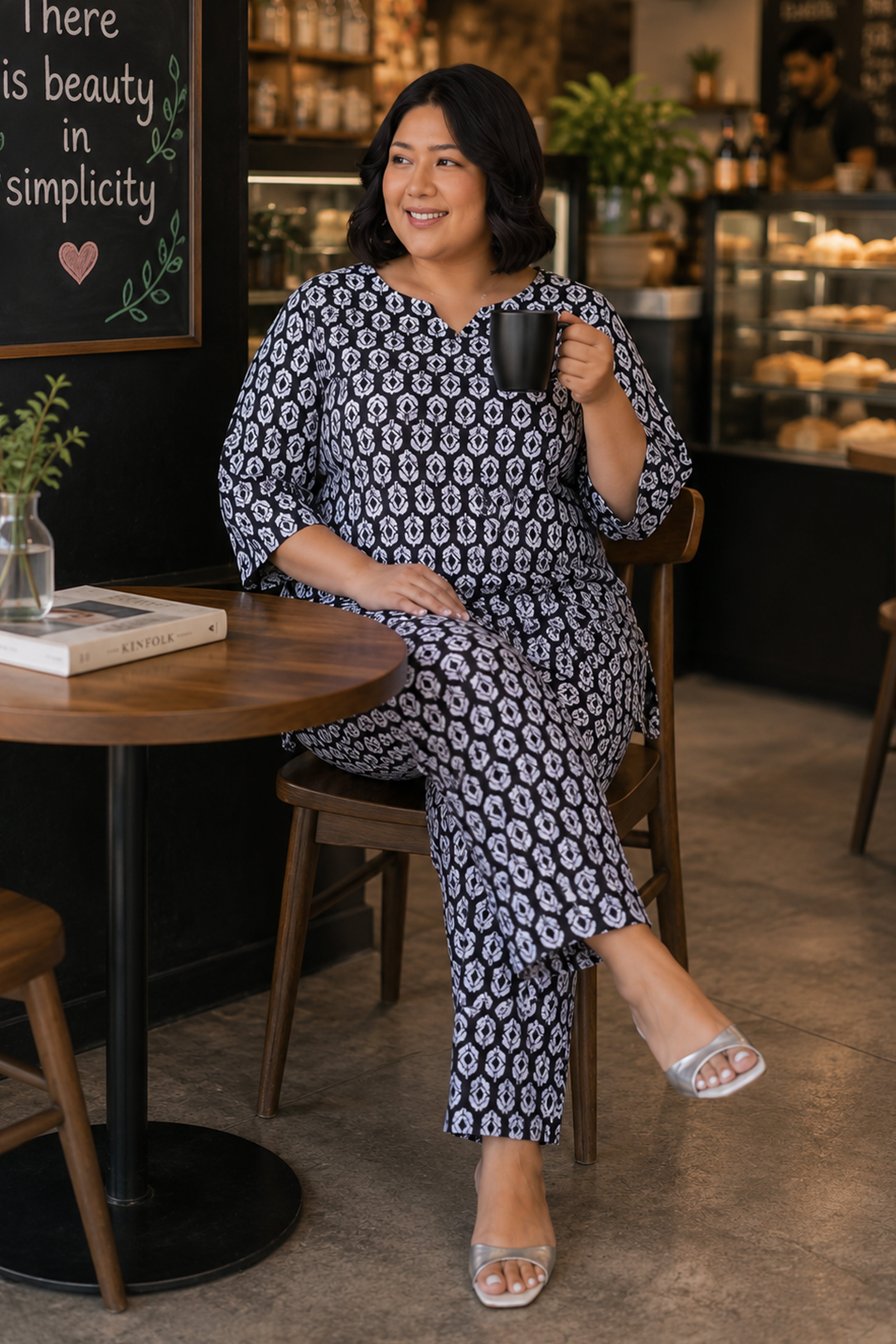 Black Plus Size Cotton Printed Pyjama Set