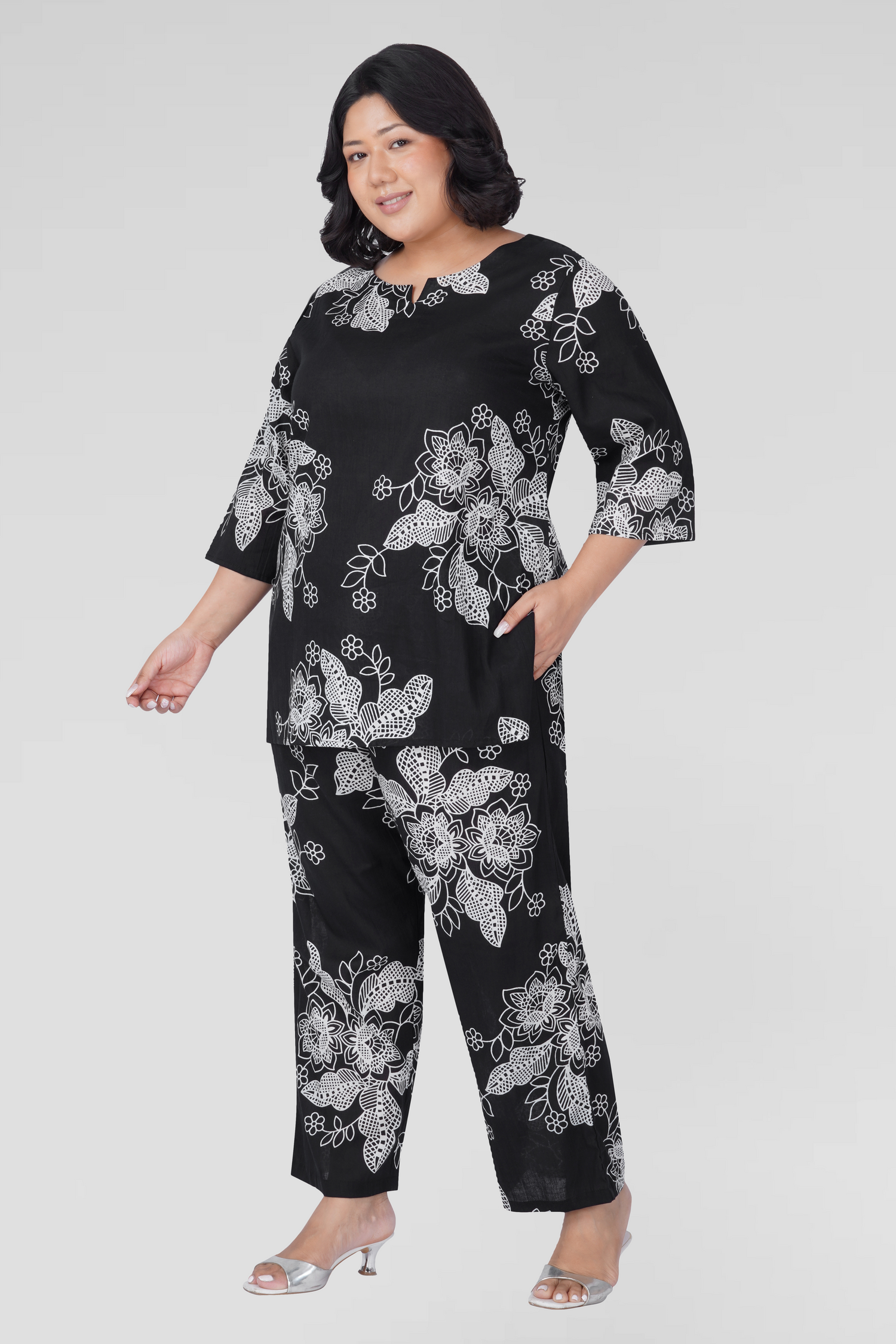 Black Plus Size Cotton Printed Pyjama Set