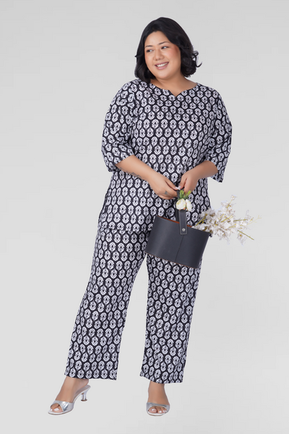 Black Plus Size Cotton Printed Pyjama Set
