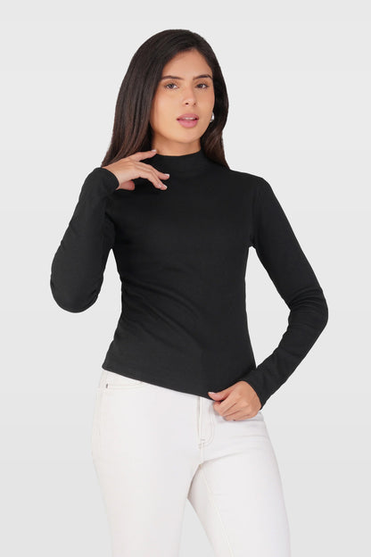 Black Ribbed Mock Neck Long Sleeve Top