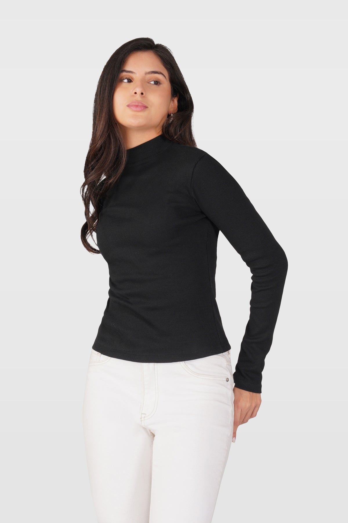 Black Ribbed Mock Neck Long Sleeve Top