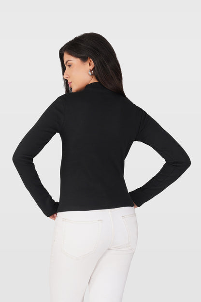 Black Ribbed Mock Neck Long Sleeve Top
