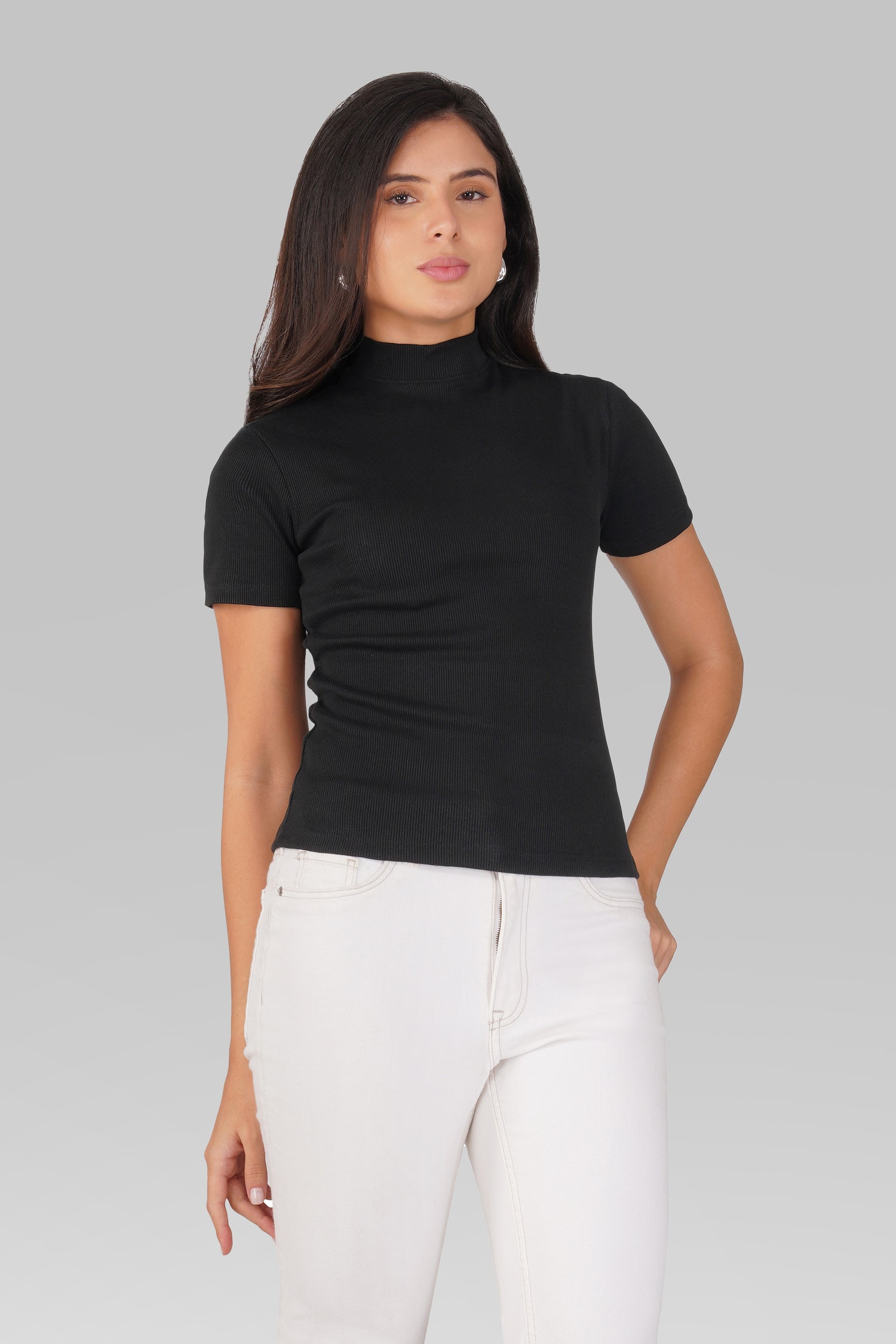 Black Ribbed Mock Neck Short Sleeve Top