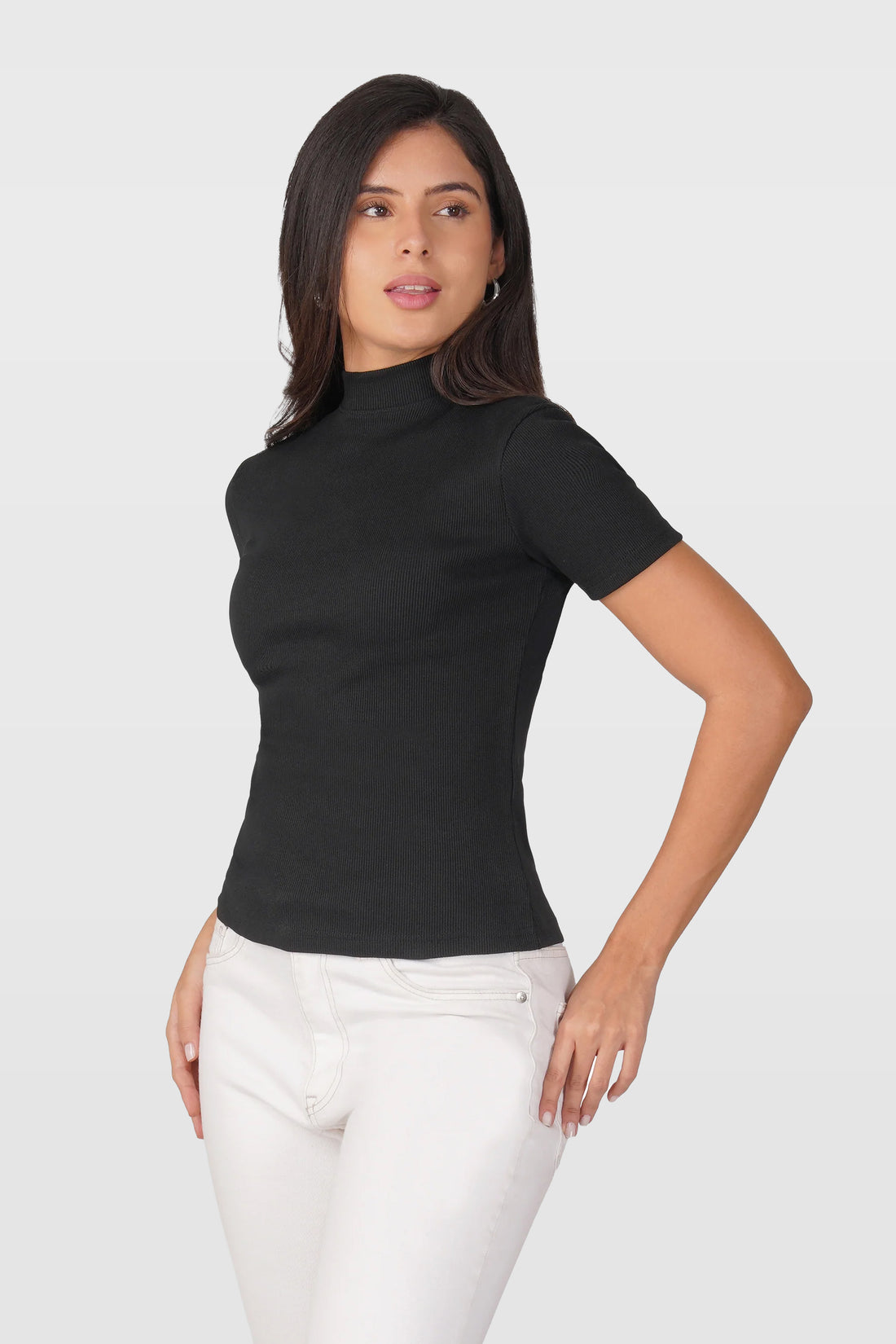 Black Ribbed Mock Neck Short Sleeve Top