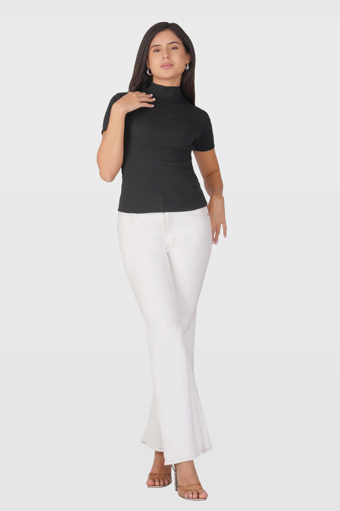 Black Ribbed Mock Neck Short Sleeve Top