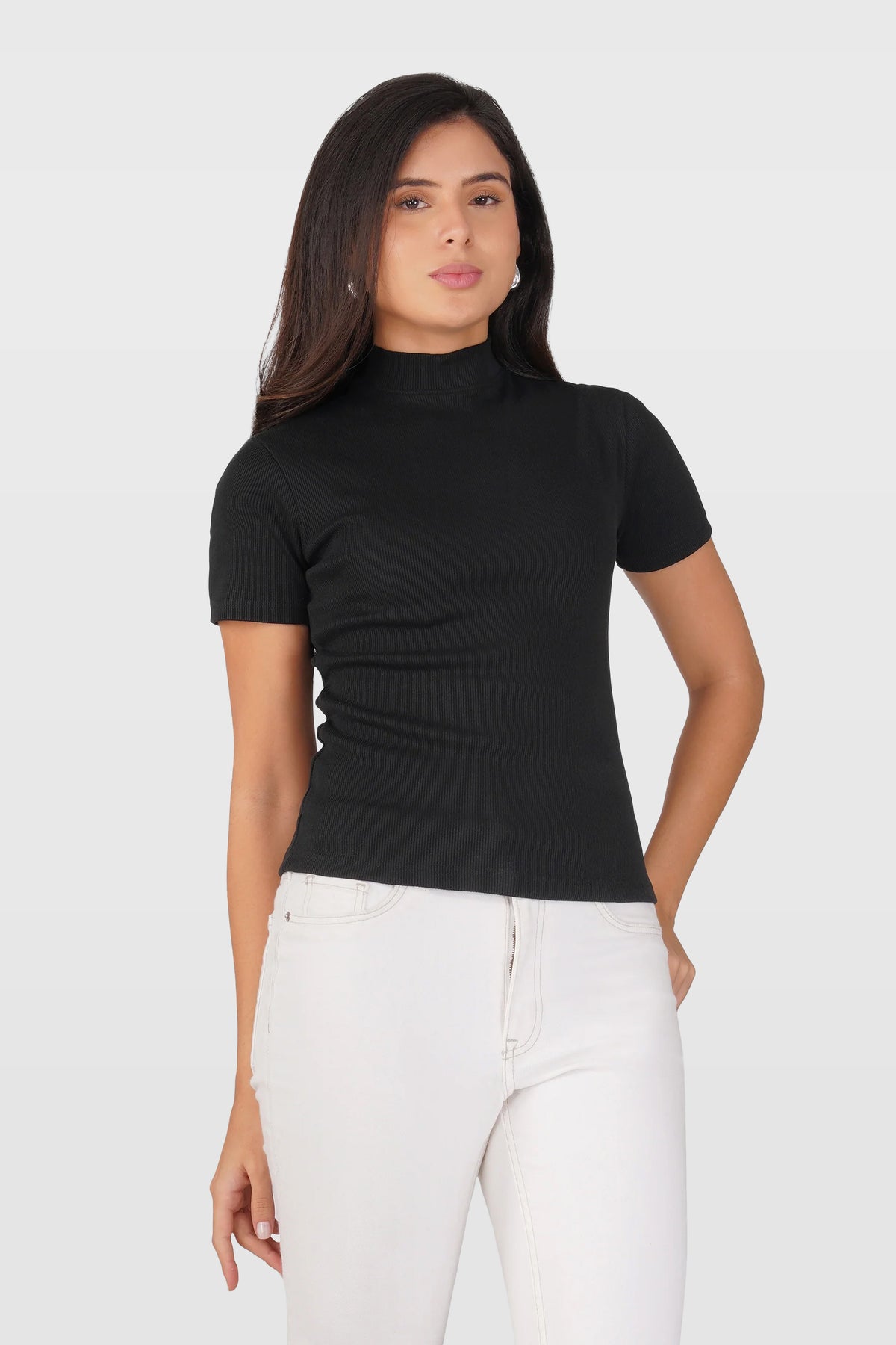 Black Ribbed Mock Neck Short Sleeve Top
