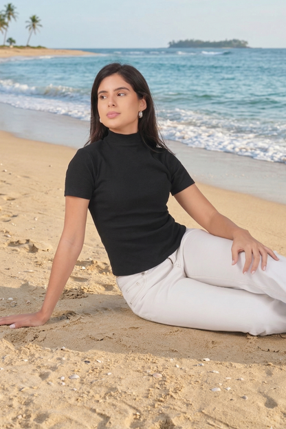Black Ribbed Mock Neck Short Sleeve Top
