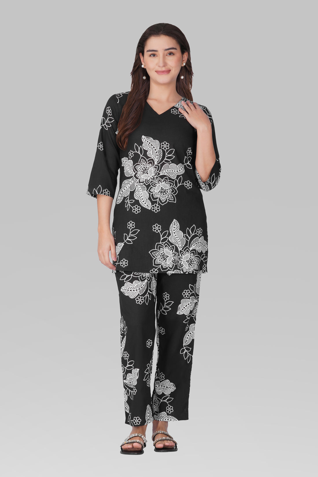 Black V Neck Cotton Printed Pyjama Set