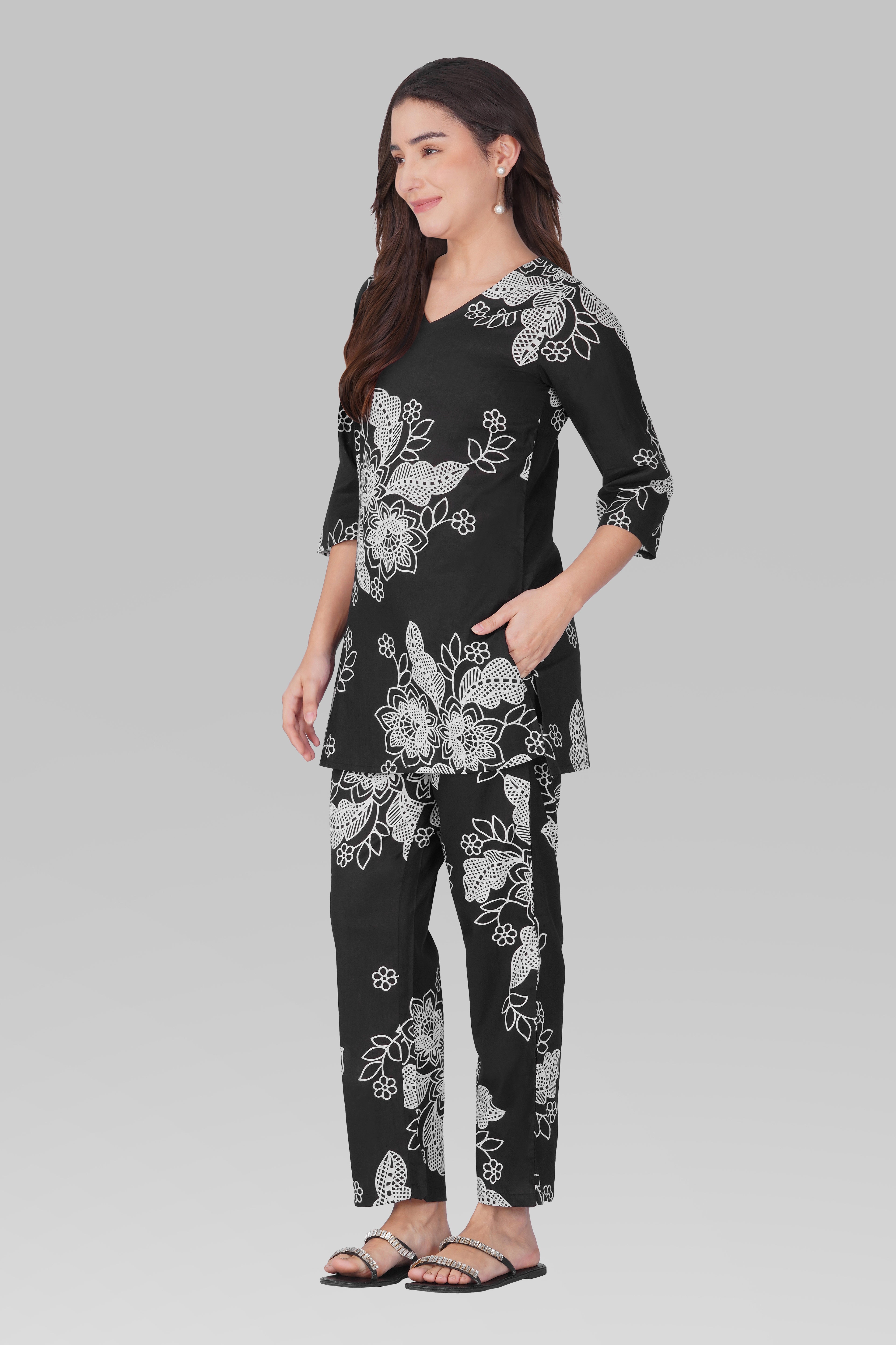 Black V Neck Cotton Printed Pyjama Set