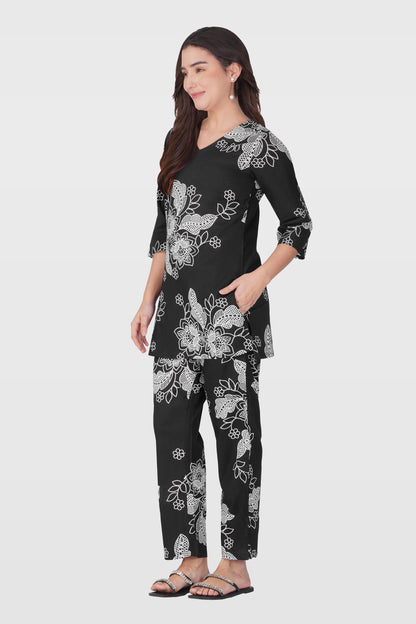 Black V Neck Cotton Printed Pyjama Set