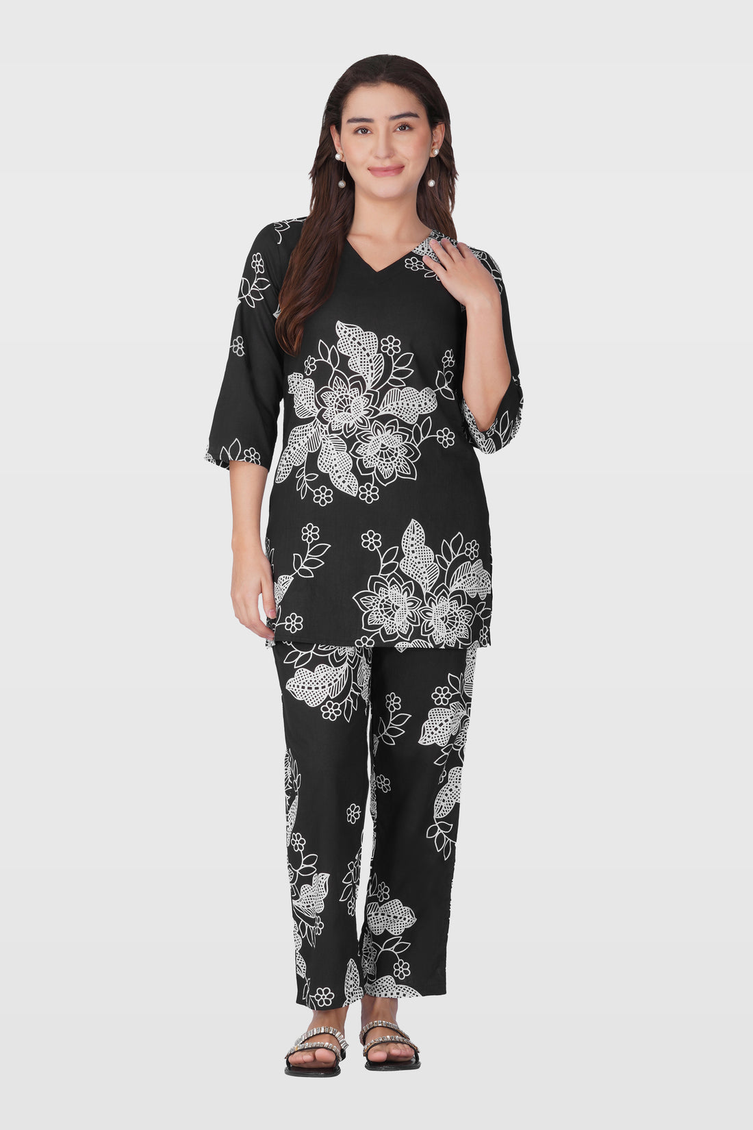 Black V Neck Cotton Printed Pyjama Set