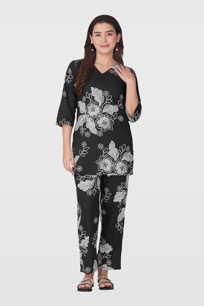 Black V Neck Cotton Printed Pyjama Set